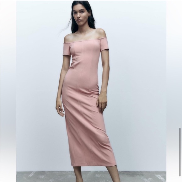 🆕(NWT) ZARA Bloggers Fav Blush Pink Off-The-Shoulder Sheath Midi/Maxi Dress. LG - Picture 9 of 15